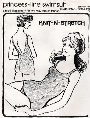Knit N Stretch 480 A Womens Low Back Princess Seamed V Back Boyleg Swimsuit 1970s Vintage Sewing Pattern Sizes 10 - 24 UNCUT Factory Folded