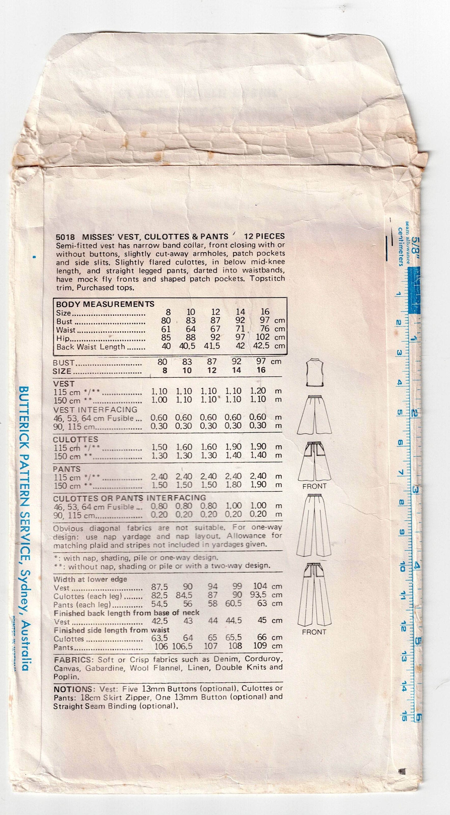 Butterick 5018 Womens Vest Culottes & Wide Leg Pants 1970s Vintage Sewing Pattern Size 10 Bust 32.5 inches