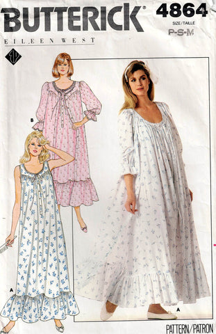 Butterick 4864 EILEEN WEST Womens Full Gathered Puffy Sleeved Robe & Nightgown 1980s Vintage Sewing Pattern Sizes 6 - 14