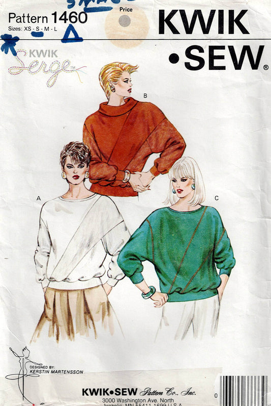 Patrón de costura vintage de los años 80 para blusas elásticas con mangas dolman y bloques de color para mujer Kwik Sew 1460, talla XS a L, sin cortar, doblado de fábrica