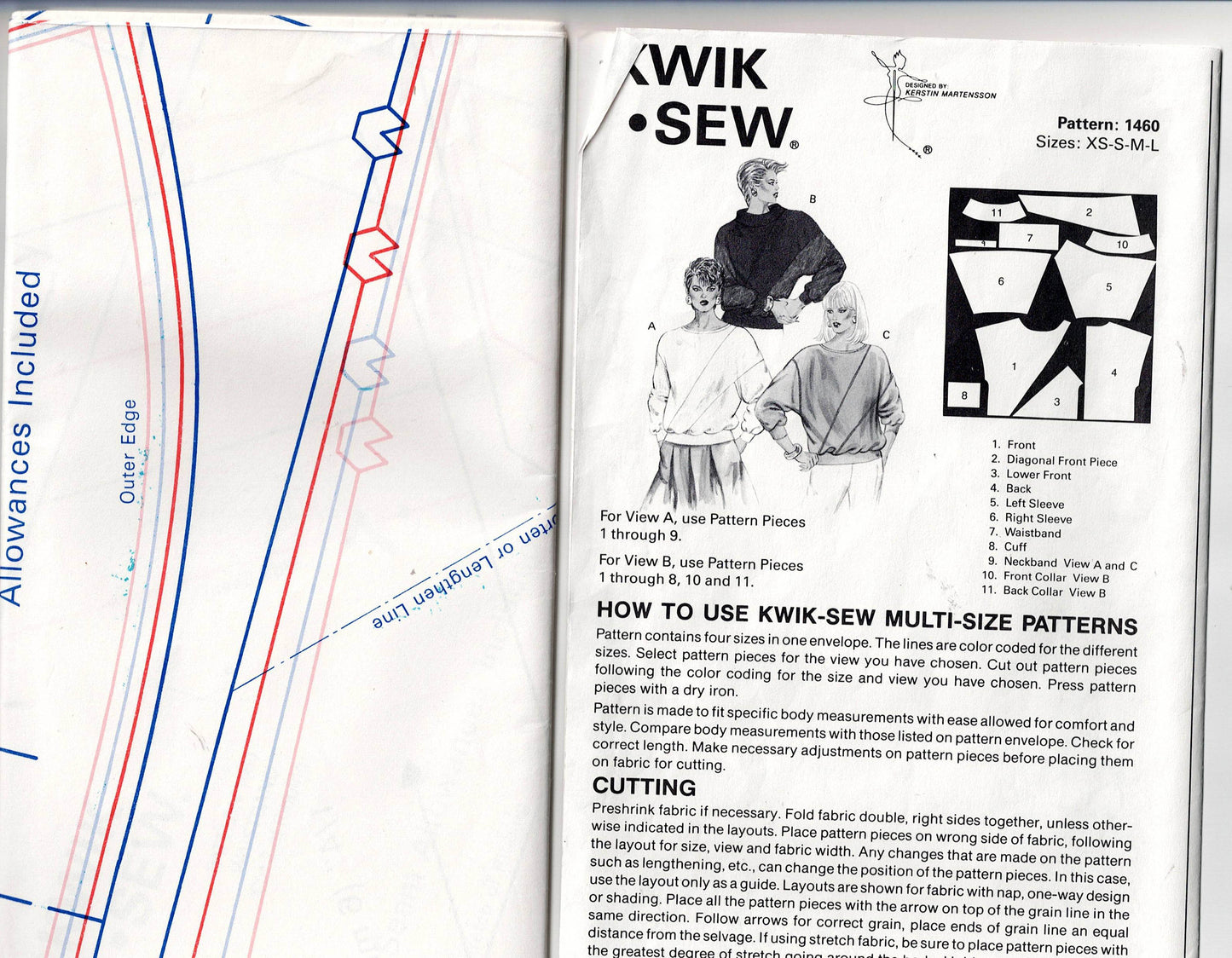 Kwik Sew 1460 Womens Color Block Dolman Sleeved Stretch Tops 1980s Vintage Sewing Pattern Size XS - L UNCUT Factory Folded