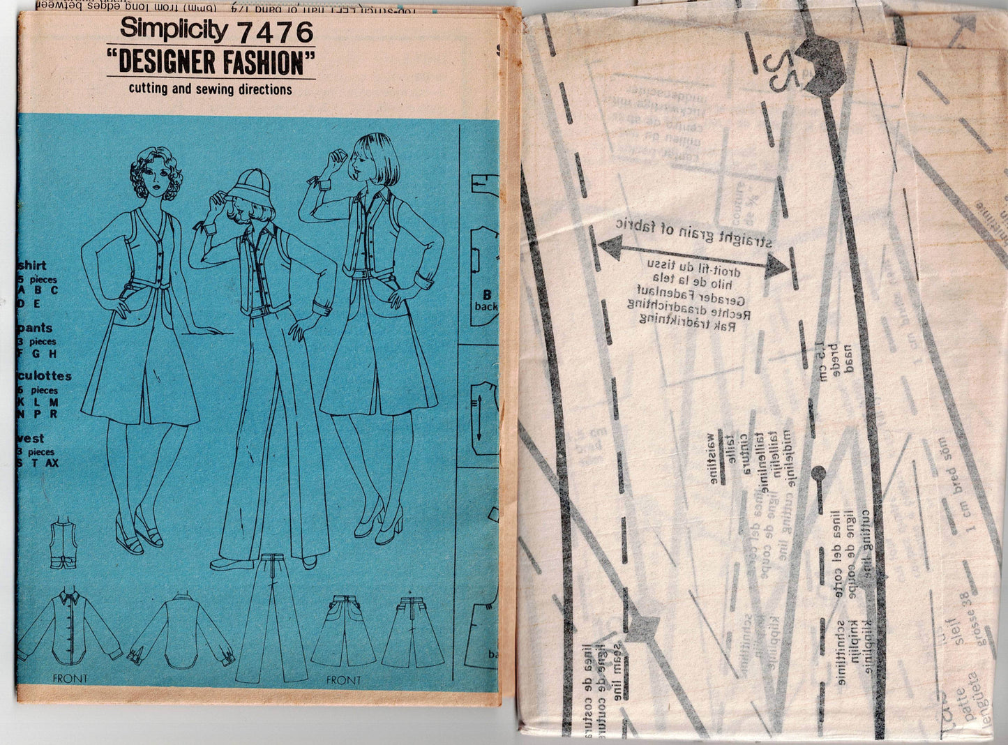 Simplicity 7476 Womens DESIGNER Wide Collared Shirt Vest Culottes & Pants 1970s Vintage Sewing Pattern Size 12 Bust 34 inches UNCUT Factory Folded