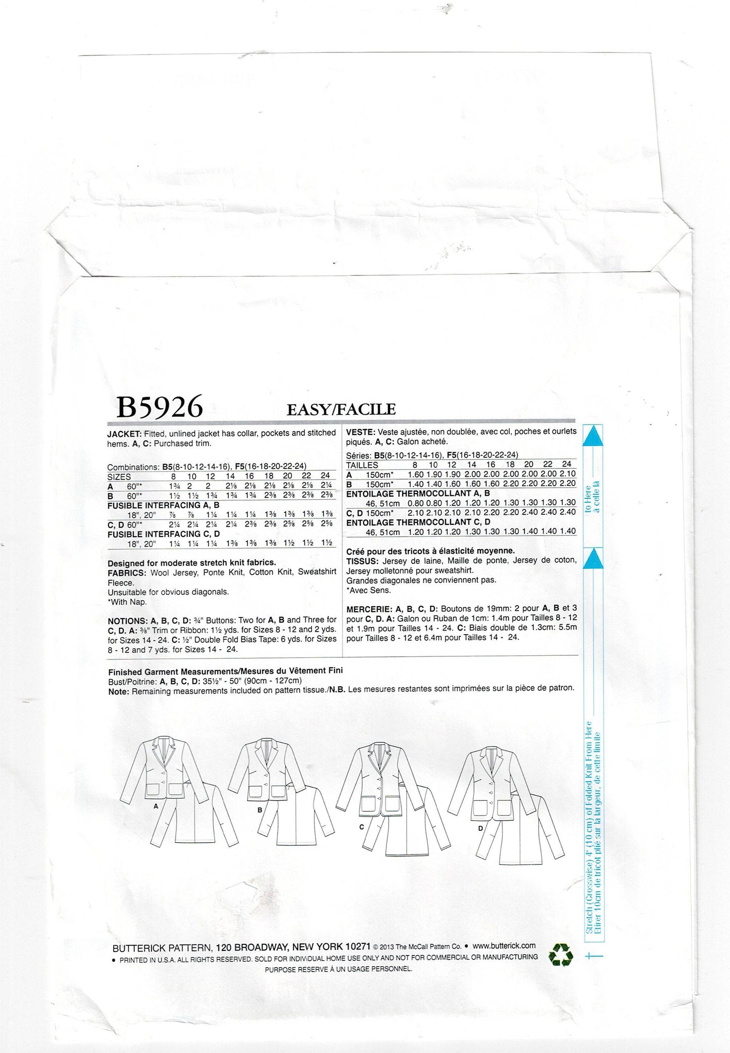 Butterick 5926 Womens Classic Stretch Blazer Style Jacket Sewing Pattern Sizes 8 - 24 UNCUT Factory Folded