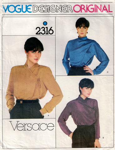 Vogue Designer Original 2316 VERSACE Womens Asymmetric Wrap Blouses 1980s Vintage Sewing Pattern Size 12 Bust 34 inches