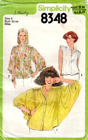 Simplicity 8348 Womens Boho Batwing Sleeved Gathered Shoulder Blouses 1970s Vintage Sewing Pattern Size 8 Bust 31.5 inches