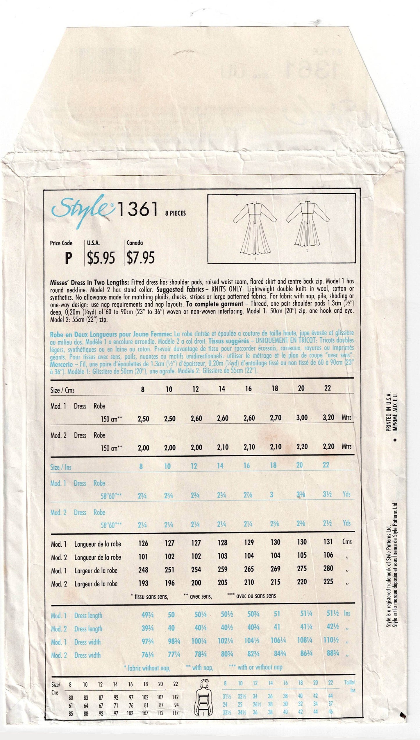 Style 1361 Womens Stretch High Waisted Dress 1980s Vintage Sewing Pattern Size 16 - 22 Bust 38 - 44 inches UNCUT Factory Folded