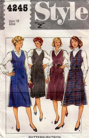Style 4245 Womens V Neck Pinafore Dress with Pockets 1980s Vintage Sewing Pattern Size 12 Bust 34 inches UNCUT Factory Folded