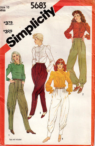 Simplicity 5683 Womens Pleated Tapered Pants 1980s Vintage Sewing Pattern Size 10 Waist 25 Inches UNCUT Factory Folded