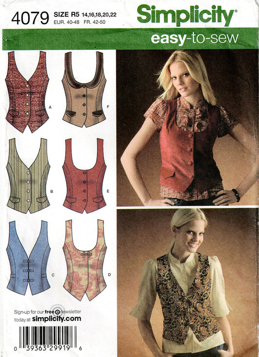 Simplicity 4079 Womens Vests Out Of Print Sewing Pattern Size 14 - 22 UNCUT Factory Folded
