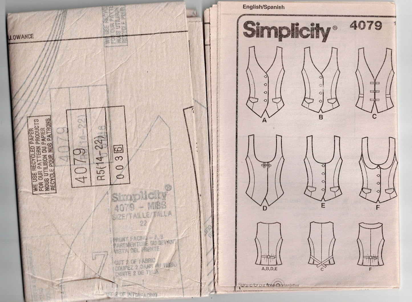 Simplicity 4079 Womens Vests Out Of Print Sewing Pattern Size 6 - 14 or 14 - 22 UNCUT Factory Folded
