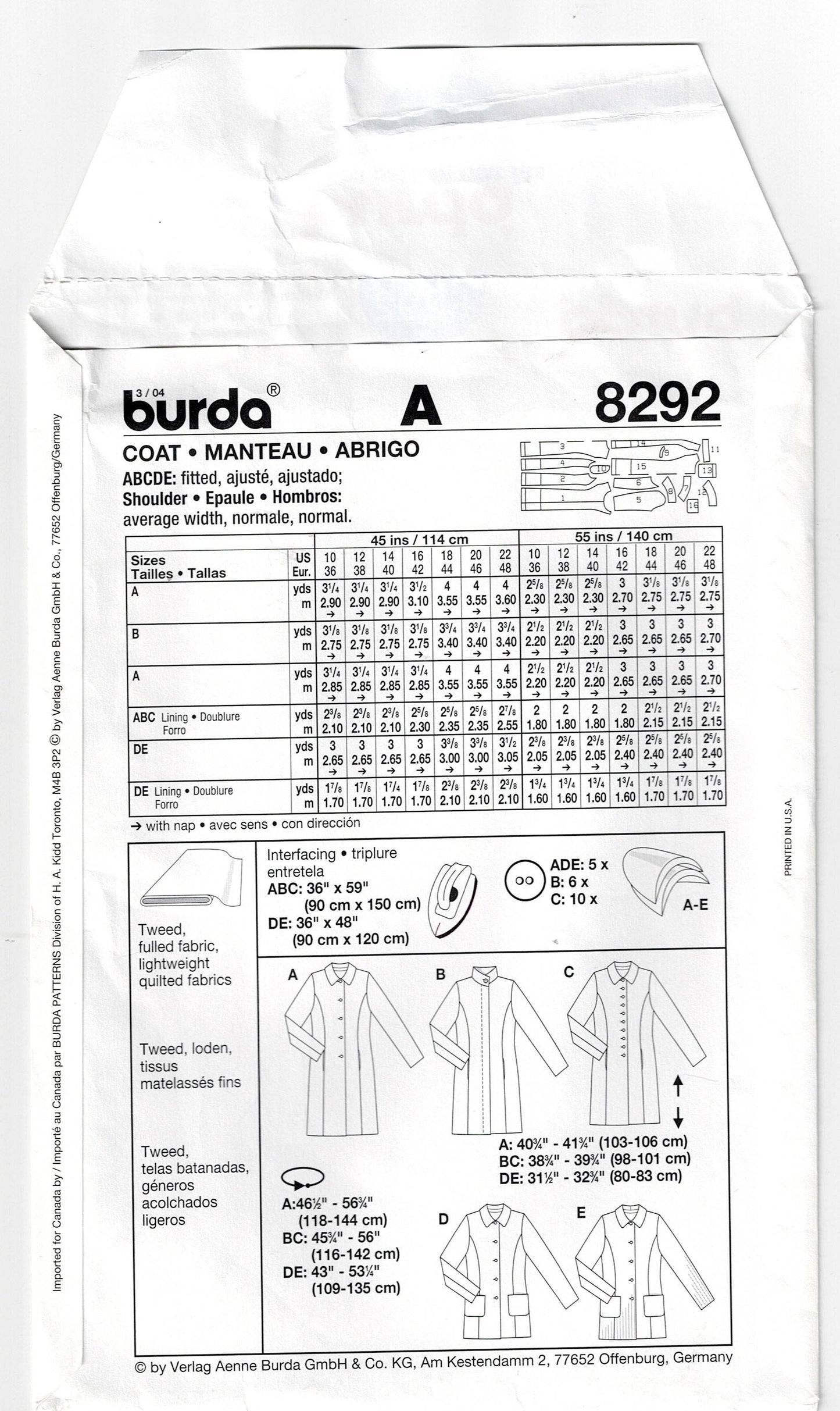 Burda 8292 Womens Coats & Jackets Out Of Print Sewing Pattern Sizes 10 - 22 UNCUT Factory Folded
