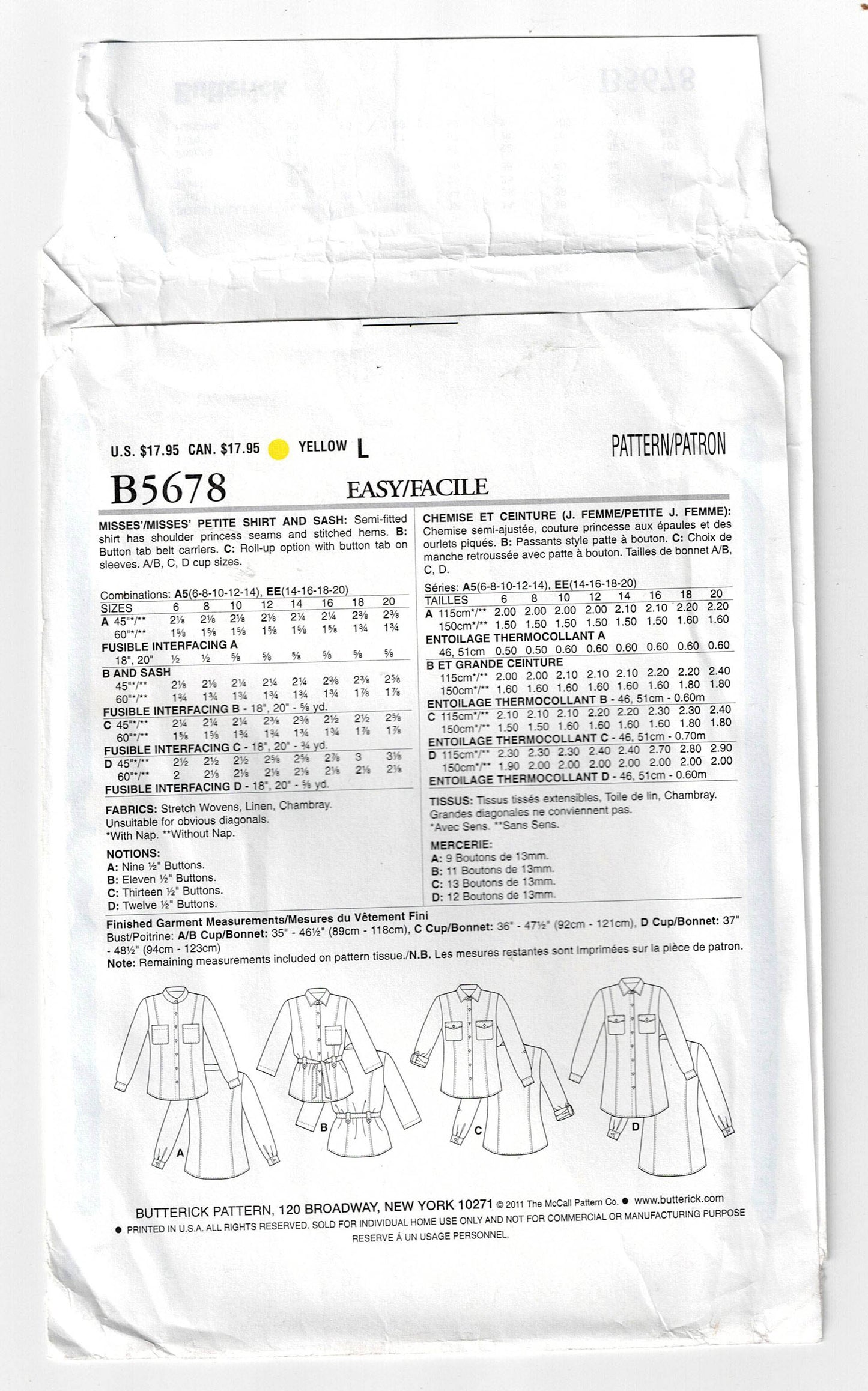 Butterick 5678 Womens Tunic/Shirt & Sash Out Of Print Sewing Pattern Size 6 - 14 UNCUT Factory Folded