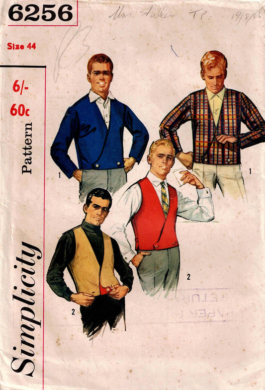 Patrón de costura vintage de los años 60 Simplicity 6256 para chaleco y chaqueta reversibles para hombres o adolescentes, talla 34 o 44 pulgadas