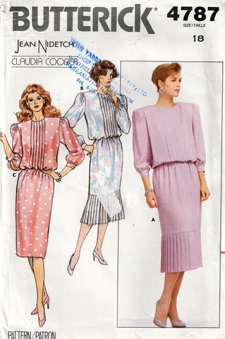 Butterick 4787 JEAN NIDETCH Womens Pleated Blouson Dress 1980s Vintage Sewing Pattern Size 18 Bust 40 Inches UNCUT Factory Folded
