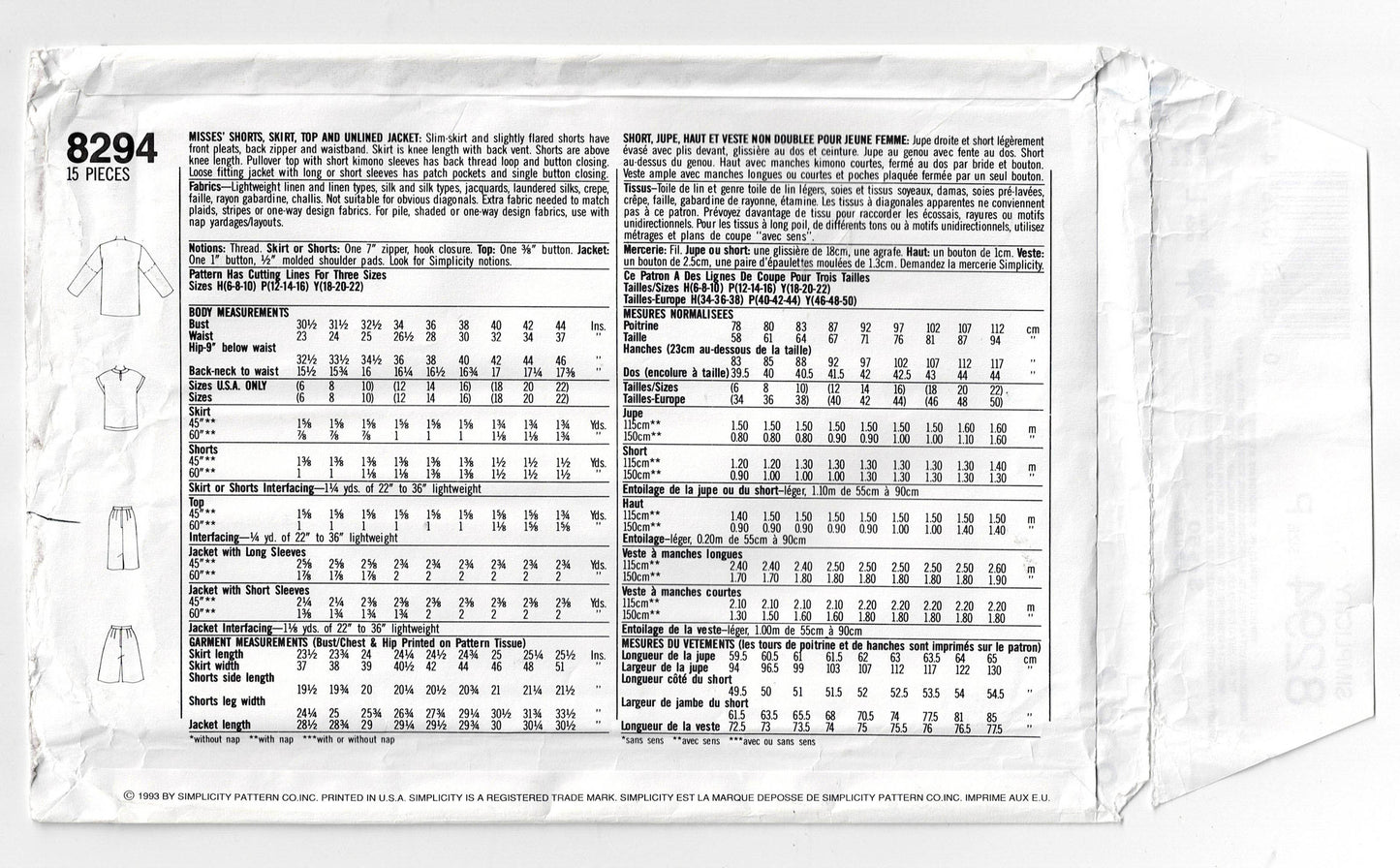 Simplicity 8294 Womens Capsule Wardrobe Jacket Top Shorts & Skirt 1990s Vintage Sewing Pattern Size 12 - 16 UNCUT Factory Folded