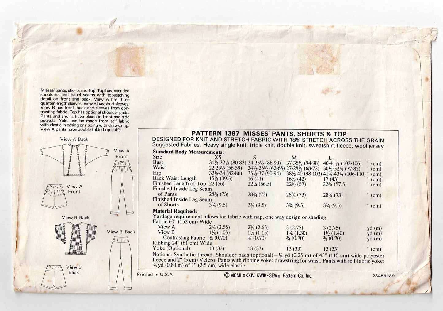 Kwik Sew 1387 Womens Stretch Color Block Tops Shorts & Pants 1980s Vintage Sewing Pattern Size XS - L UNCUT Factory Folded