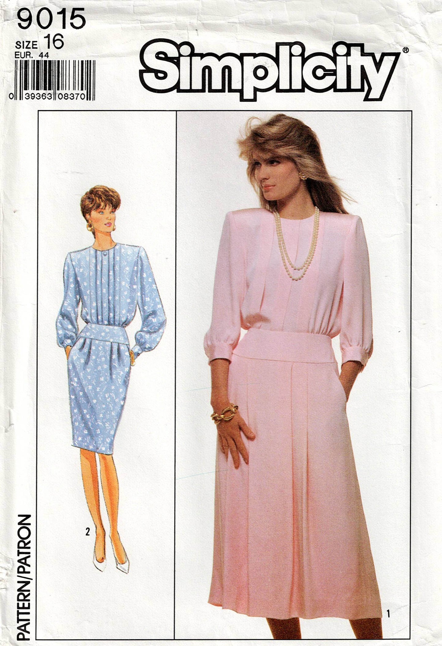 Simplicity 9015 Womens Dress with Hip Band & Pleated Skirt 1980s Vintage Sewing Pattern Size 10 or 14