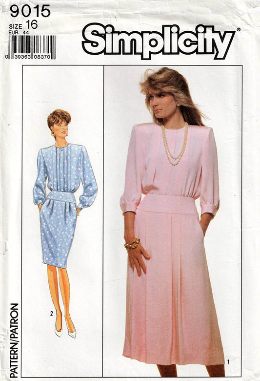 Simplicity 9015 Womens Dress with Hip Band & Pleated Skirt 1980s Vintage Paper Sewing Pattern Size 14 Bust 36 Inches