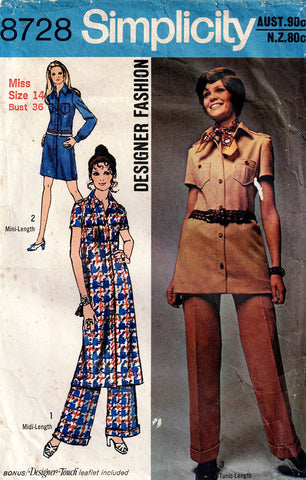 Simplicity 8728 DESIGNER Womens Safari Style Dress Tunic & Pants 1970s Vintage Sewing Pattern Size 14 Bust 36 Inches