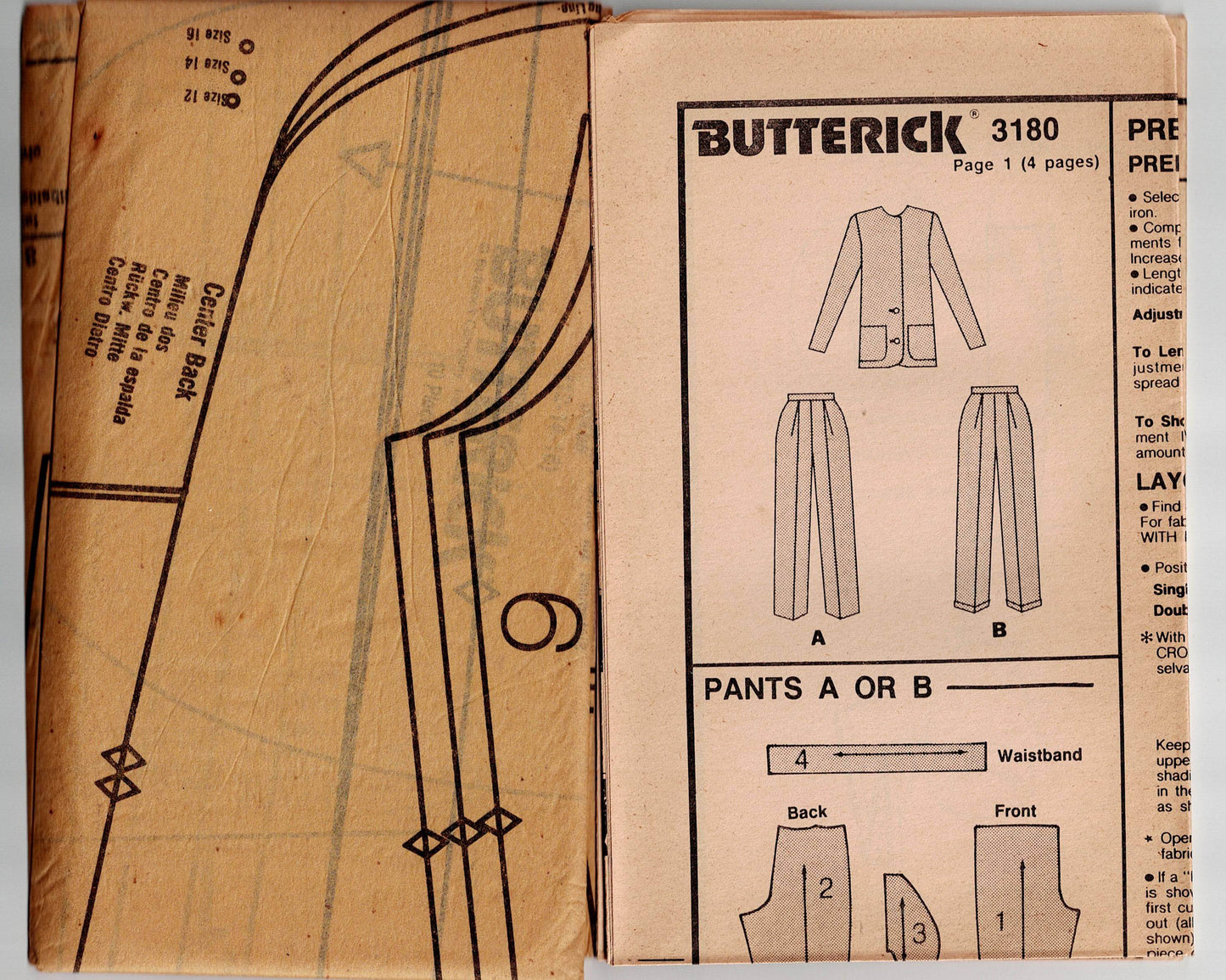 Butterick 3180 Womens Pants Suit 1980s Vintage Sewing Pattern Size 12 - 16 UNCUT Factory Folded