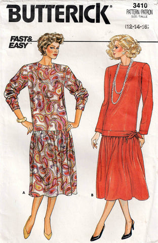 Butterick 3410 EASY Womens Drop Waist Dress with Optional Side Tie 1980s Vintage Sewing Pattern Size 12 - 16