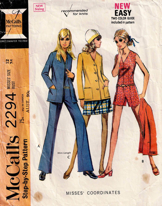 McCall's 2294 Womens Jumpsuits Skirt & Jacket 1970s Vintage Sewing Pattern Size 12 Bust 34 inches