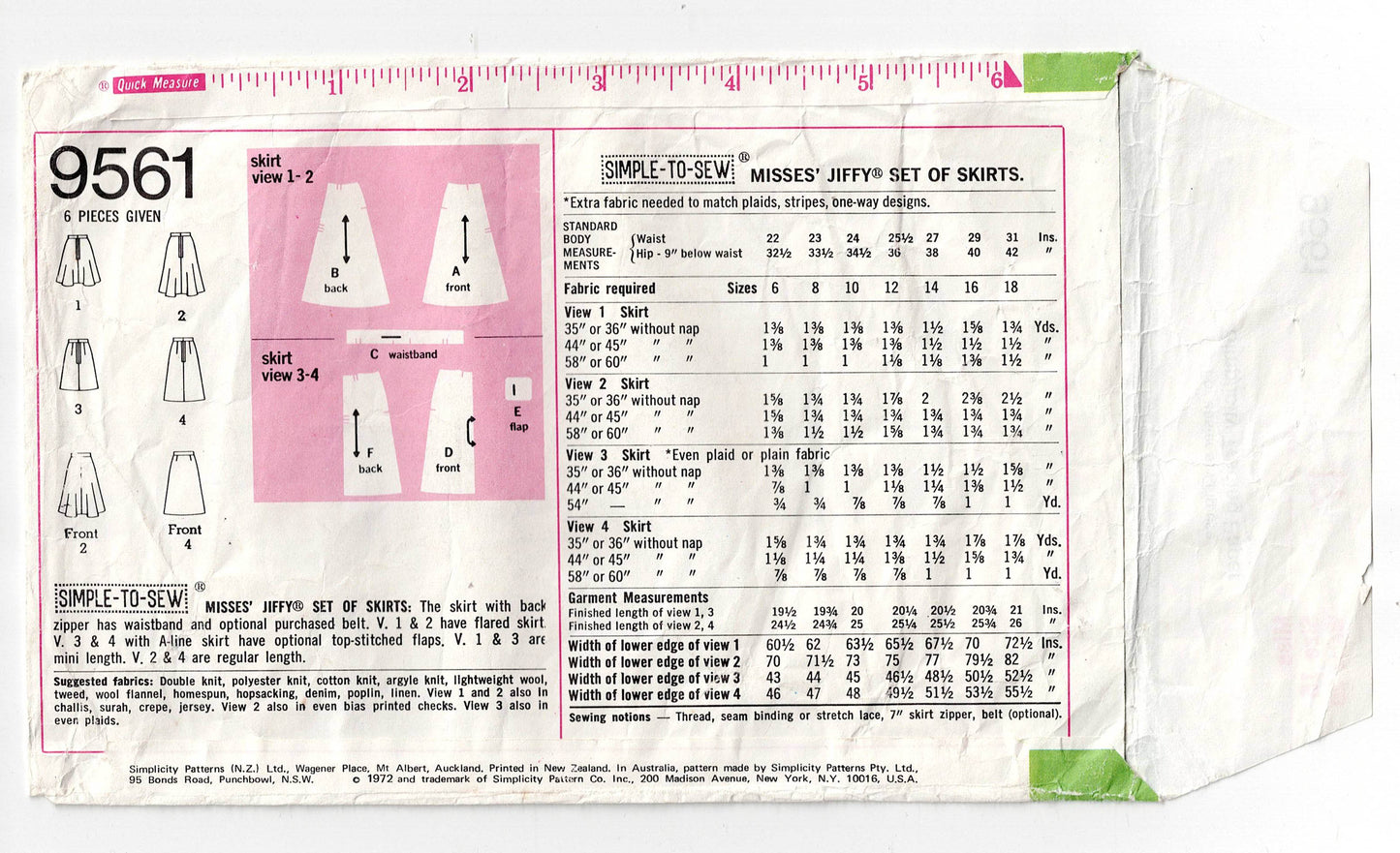 Simplicity 9561 Womens JIFFY Mini or Regular Length Skirts 1970s Vintage Sewing Pattern Size 16 Waist 29 inches
