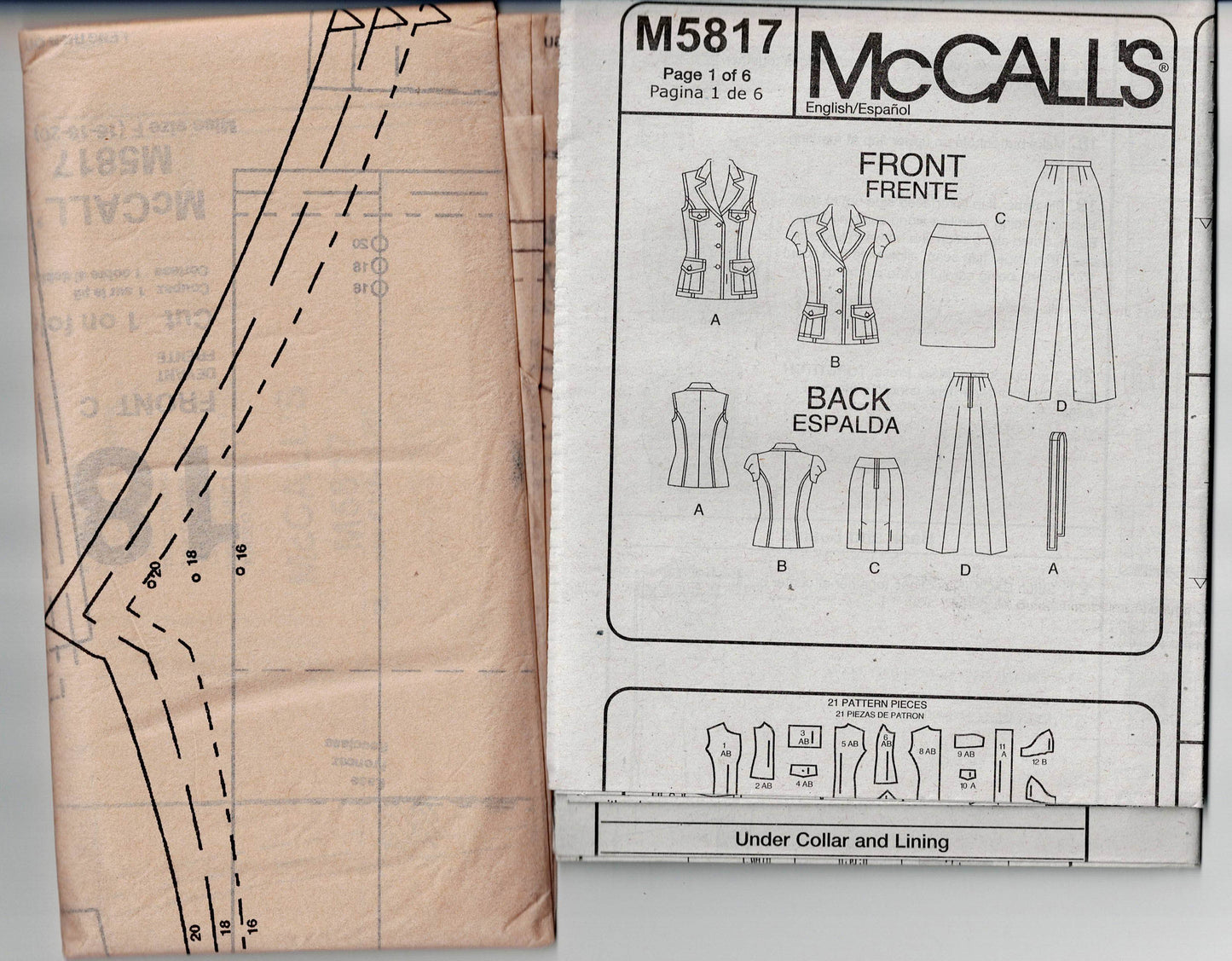 Patrón de costura de chaqueta estilo safari con forro McCall 5817 para mujer, falda tubo y pantalones fuera de estampado, talla 16-20, sin cortar, doblado de fábrica