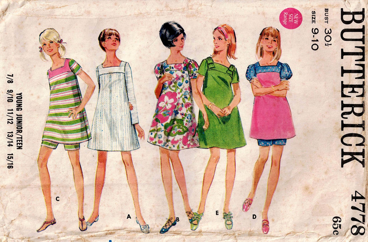 Butterick 4778 Young Junior Teens Mini Tent Dress & Shorts 1960s Vintage Sewing Pattern Size 12 Bust 30.5 inches