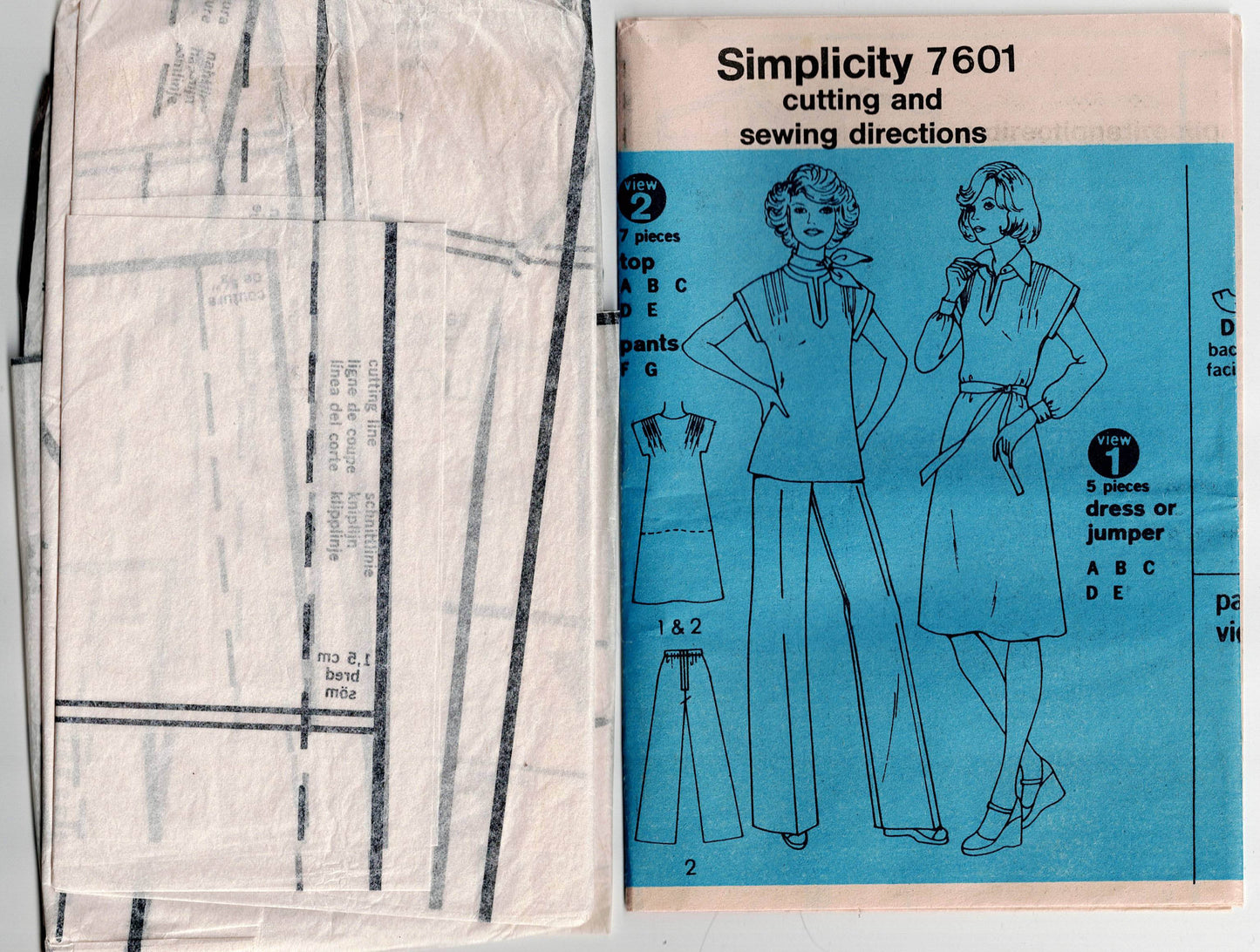 Simplicity 7601 Womens EASY Tucked Pullover Top Dress & Pants 1970s Vintage Sewing Pattern Size 12 Bust 34 inches