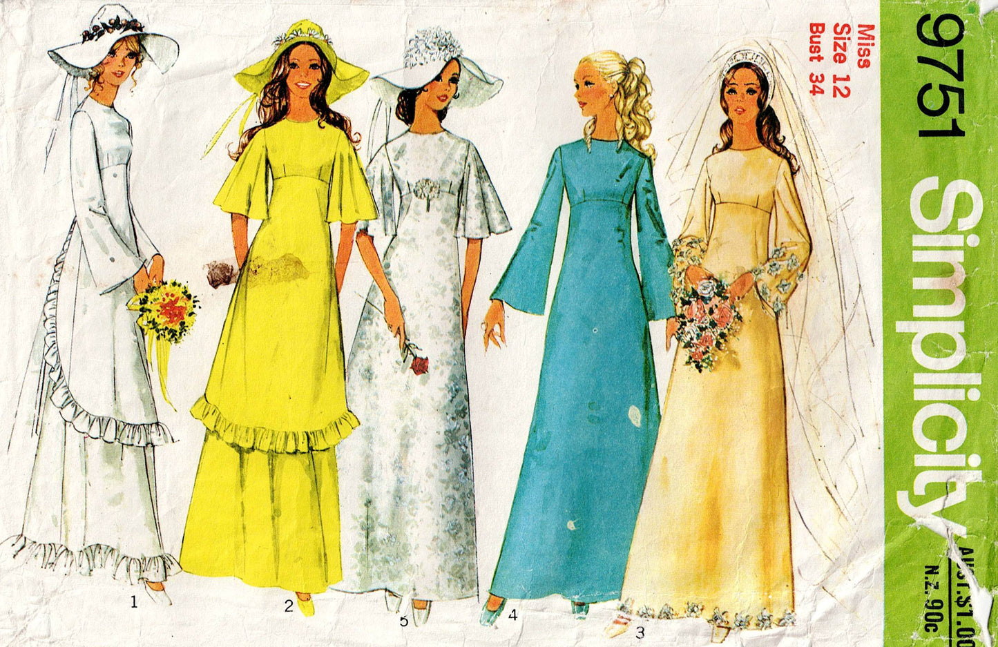 Simplicity 9751 Womens High Waisted Flared Sleeve Wedding or Bridesmaids Dress 1970s Vintage Sewing Pattern Size 12 Bust 34 Inches