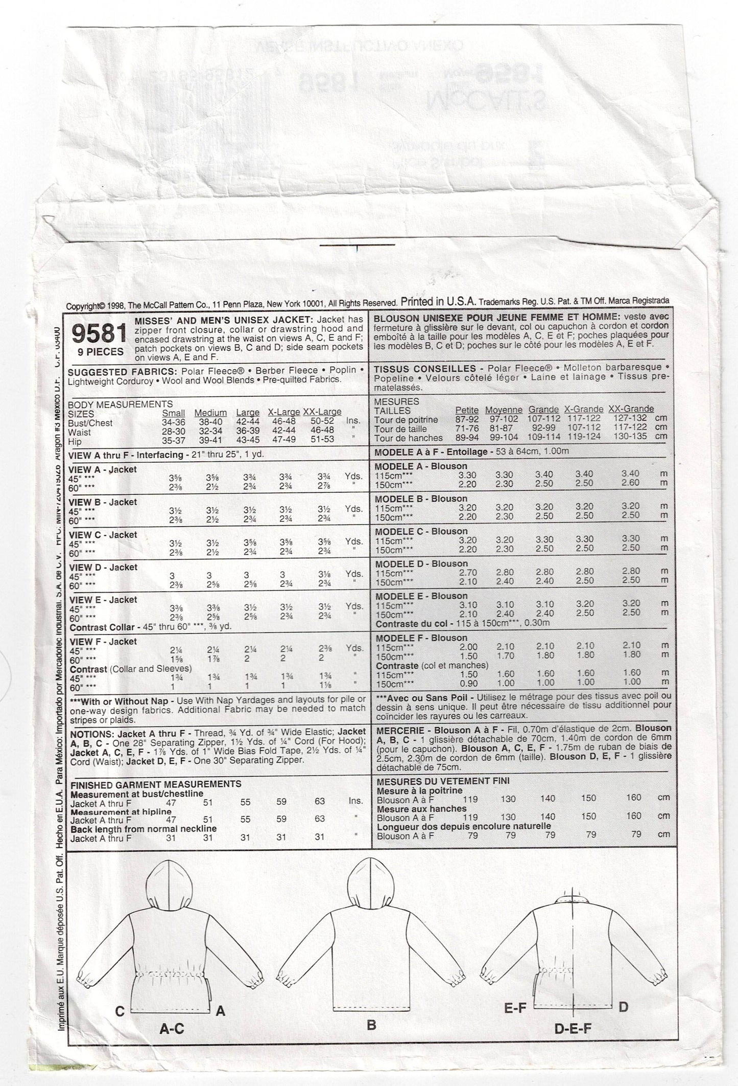 McCall's 9581 Mens Womens UNISEX Winter Fleece Vest Jacket or Hoodie 1990s Vintage Sewing Pattern Bust/Chest 38-40 Inches UNCUT Factory Folded