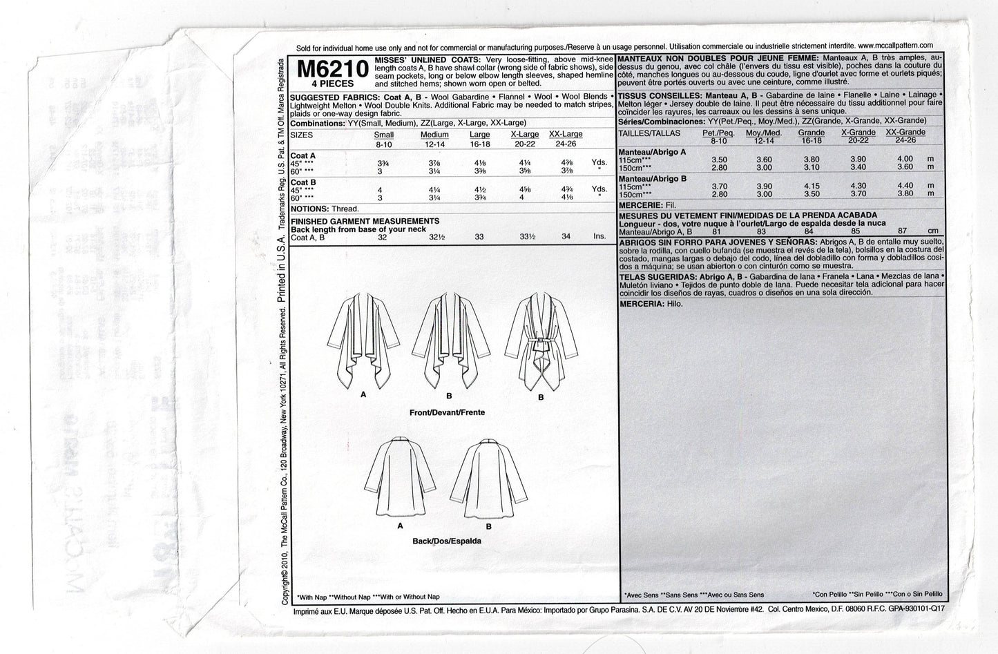 McCall's 6210 Womens EASY Draped Front Unlined Coat Out Of Print Sewing Pattern Size 8 - 14 UNCUT Factory Folded