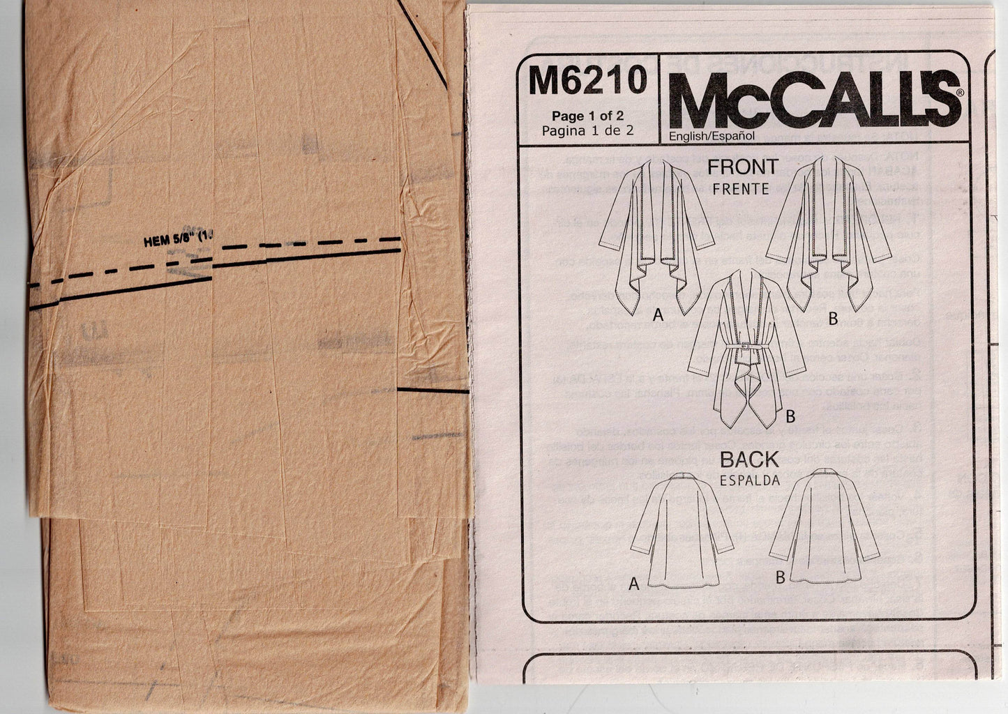 McCall's 6210 Womens EASY Draped Front Unlined Coat Out Of Print Sewing Pattern Size 8 - 14 UNCUT Factory Folded