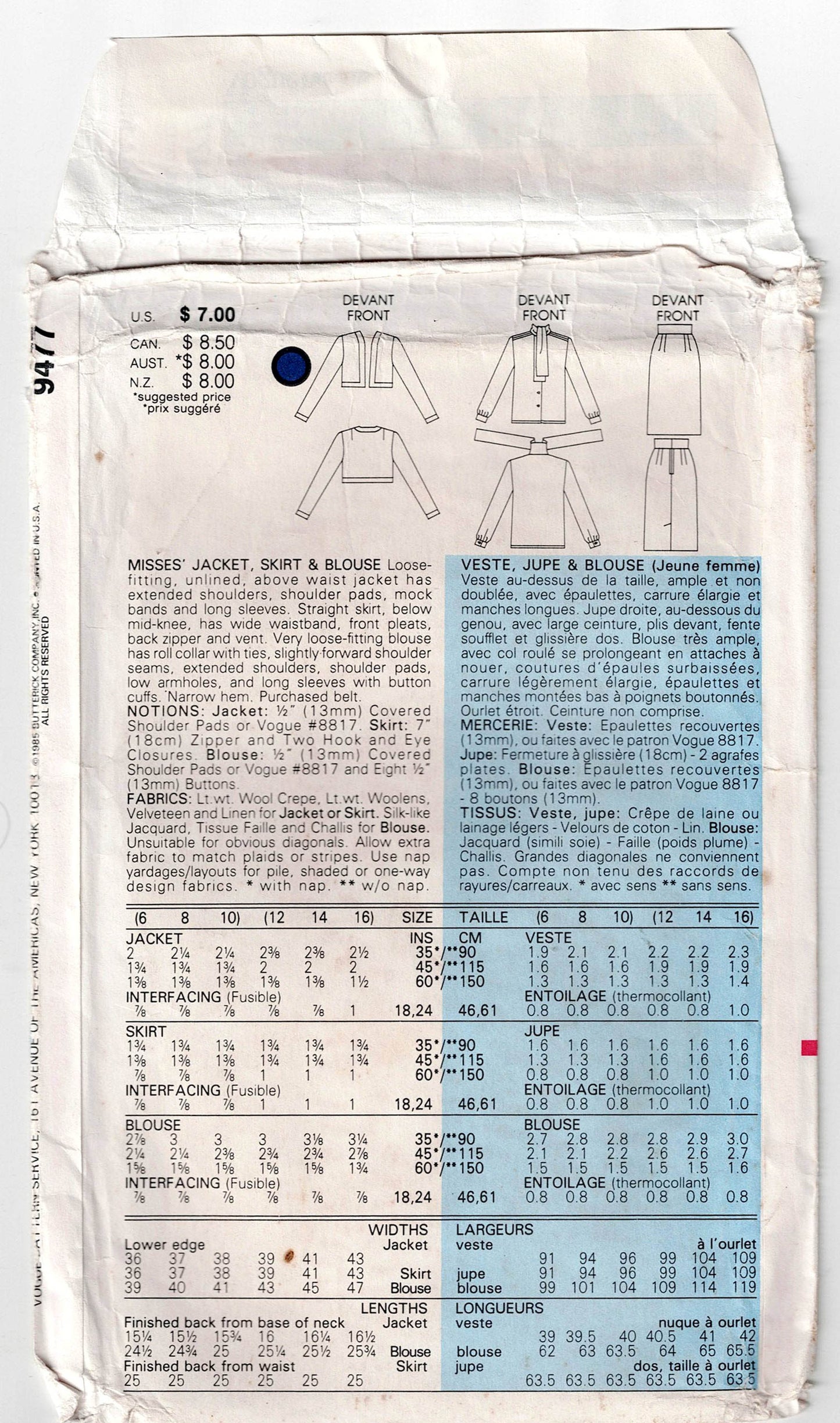 Very Easy Vogue 9477 Womens Cropped Jacket Slim Skirt & Necktie Blouse 1980s Vintage Sewing Pattern Size 12 - 16 UNCUT Factory Folded