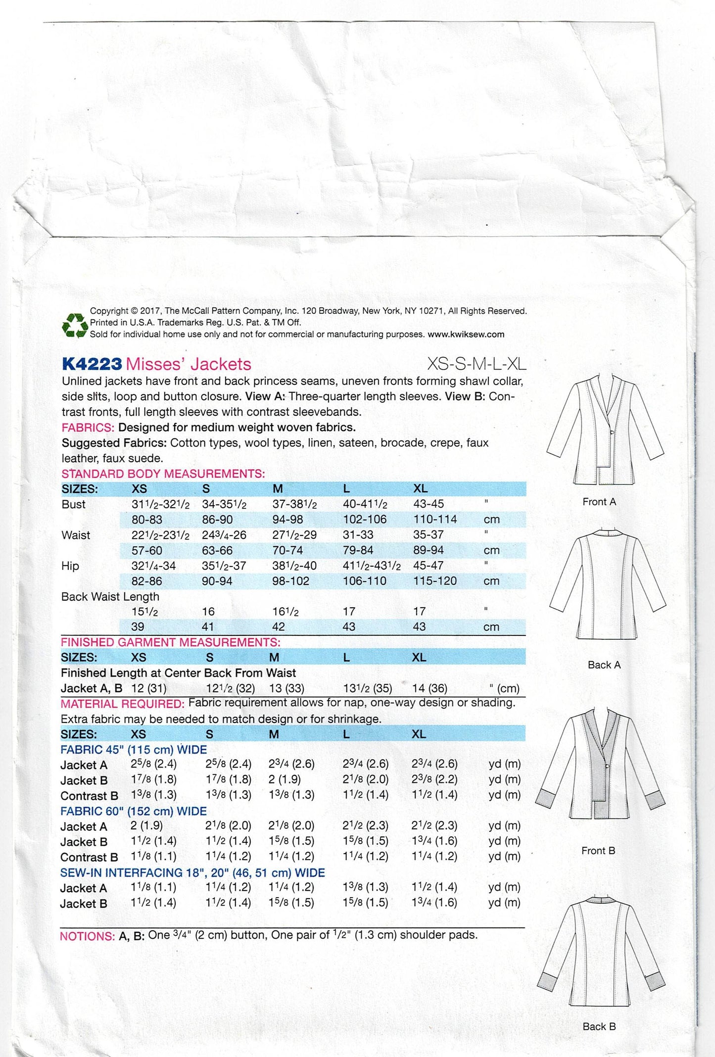 Patrón de costura agotado para chaquetas asimétricas con ribetes para mujer Kwik Sew 4223, talla XS a XL, sin cortar, doblado de fábrica