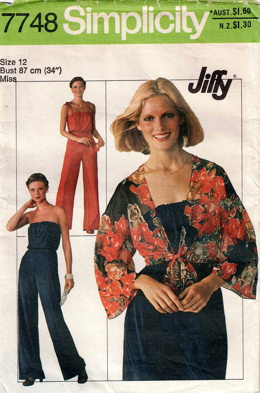 Simplicity 7748 Womens JIFFY Strapless Jumpsuit & Tie Front Bolero Jacket 1970s Vintage Sewing Pattern Size 12 Bust 34 inches