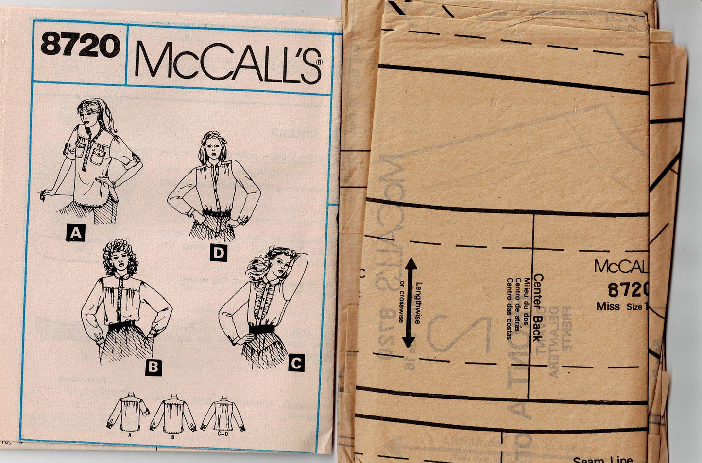 McCall's 8720 Womens GAP Shirts with Pockets Frills Yoke Collar 1980s Vintage Sewing Pattern Size 16 Bust 38 Inches UNCUT Factory Folded