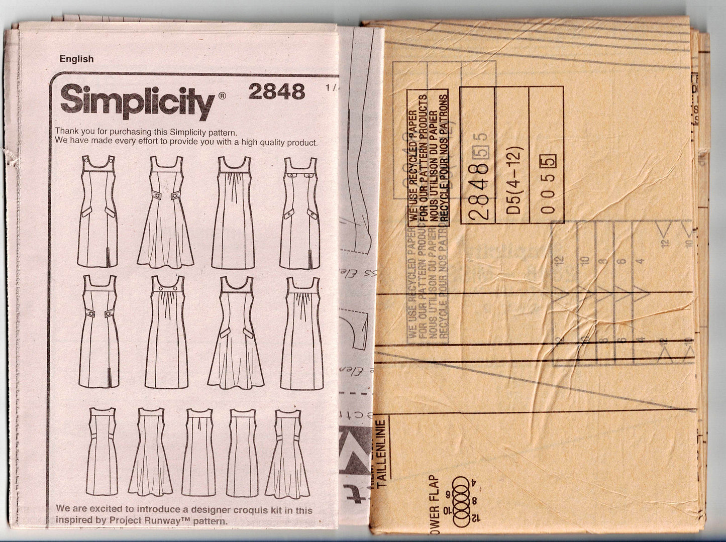 Patrón de costura agotado para vestido estilo pechera con canesú para mujer PROJECT RUNWAY Simplicity 2848, talla 4 a 12, sin cortar, doblado de fábrica