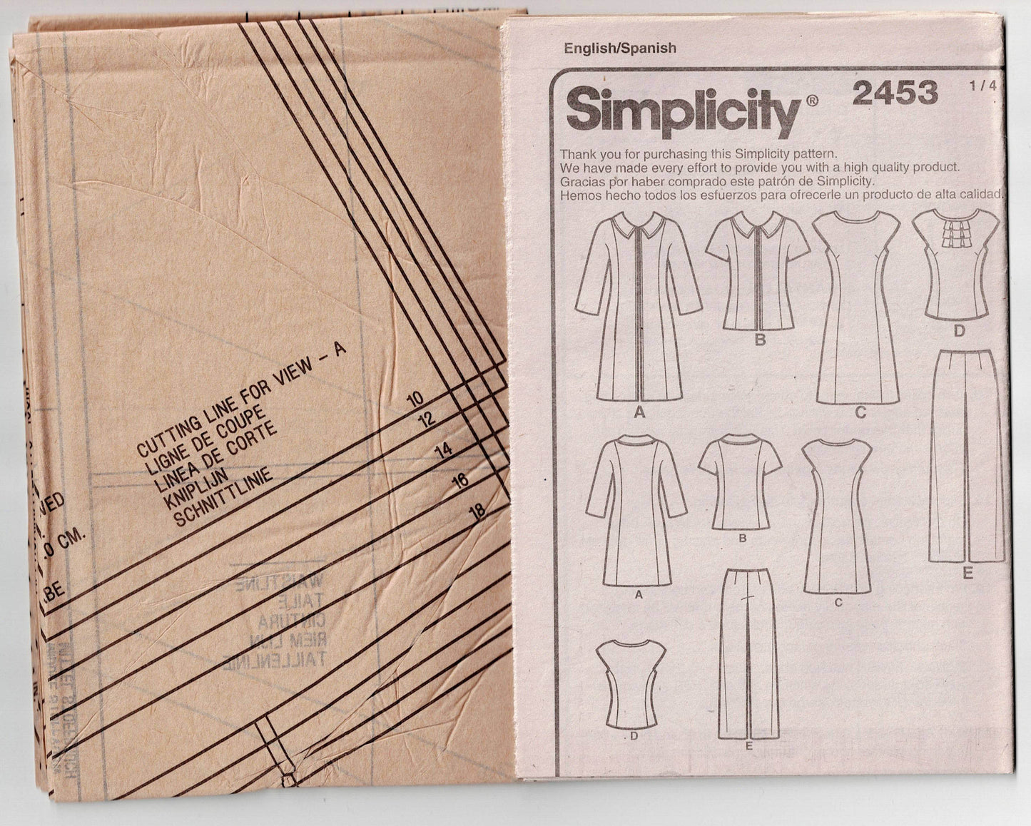 Patrón de costura Simplicity 2453 para mujer, con paneles, abrigo, chaqueta, top y pantalones, agotado, tallas 10 a 18, sin cortar, doblado de fábrica