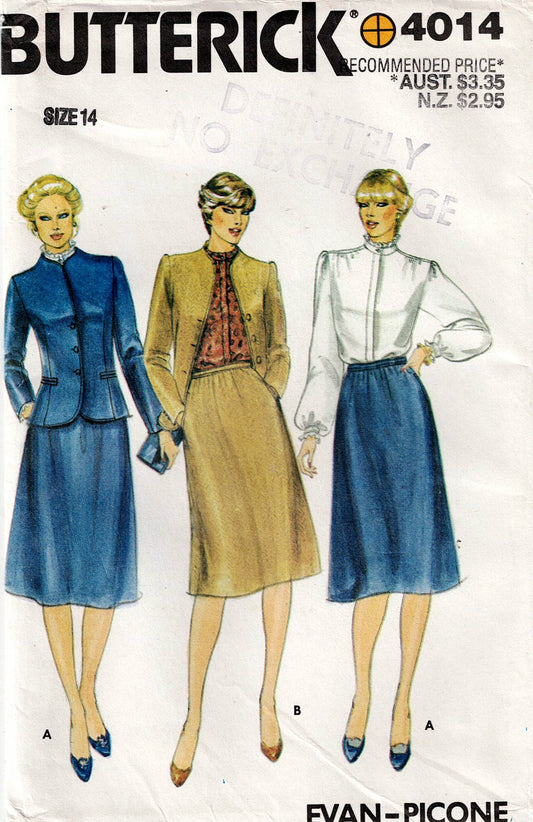Butterick 4014 Womens EVAN - PICONE Jacket Blouse & Skirt 1980s Vintage Sewing Pattern Size 14 Bust 36 Inches UNCUT Factory Folded