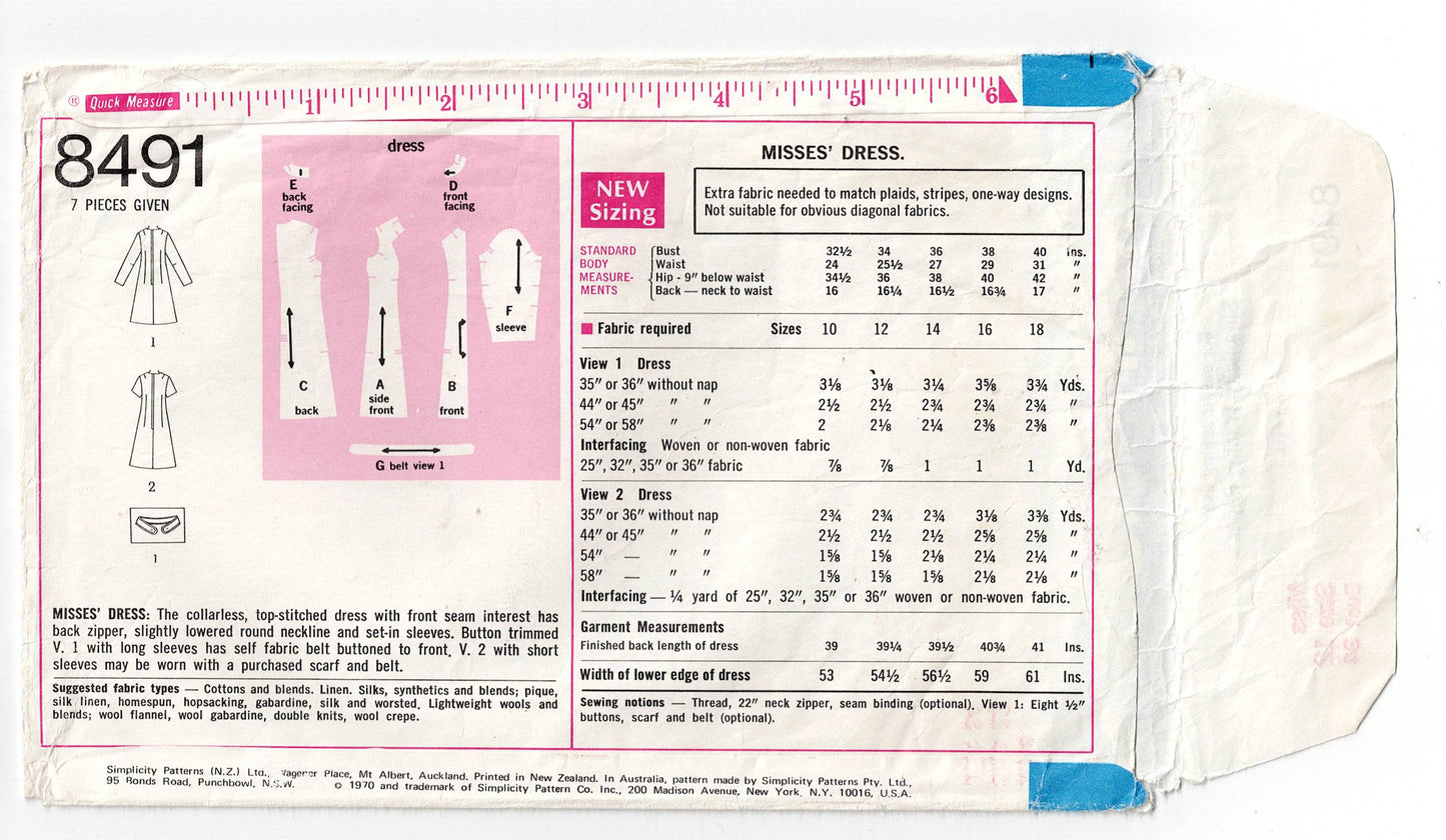 Simplicity 8491 Womens Fitted Coatdress with Front Seam Detail 1960s Vintage Sewing Pattern Size 12 Bust 34 inches