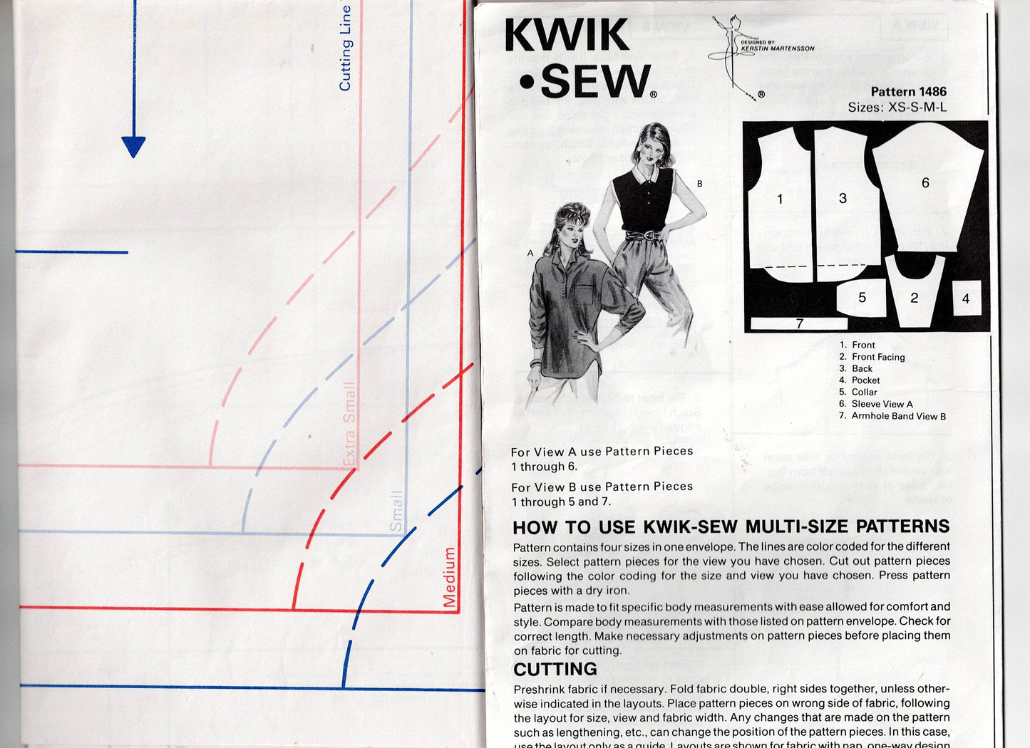 Kwik Sew 1486 Womens Stretch Pullover Tab Front Shirts 1980s Vintage Sewing Pattern Size XS - L UNCUT Factory Folded