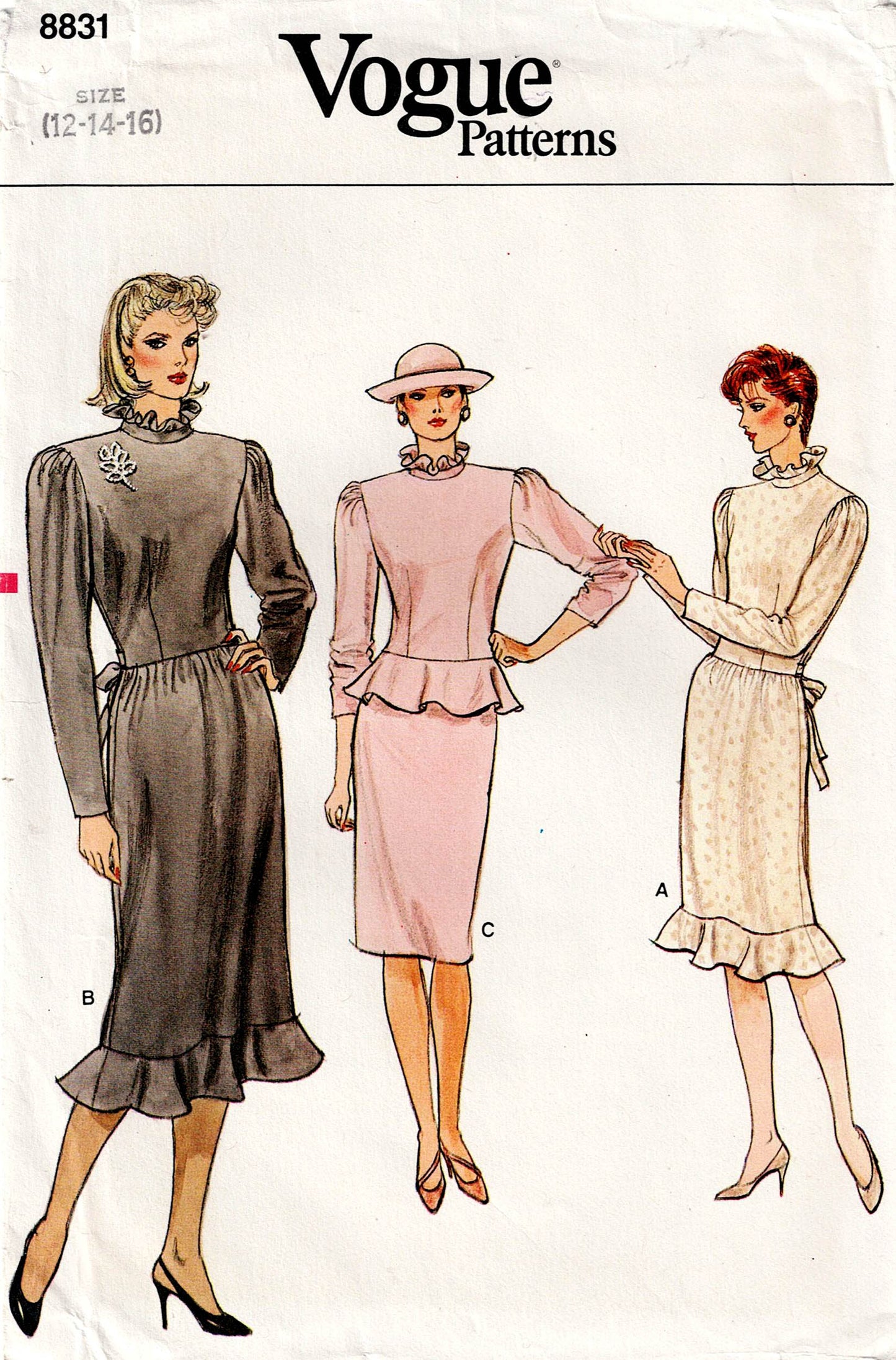 Vogue 8831 Womens Ruffled Peplum Dress 1980s Vintage Sewing Pattern Size 12 - 16 UNCUT Factory Folded