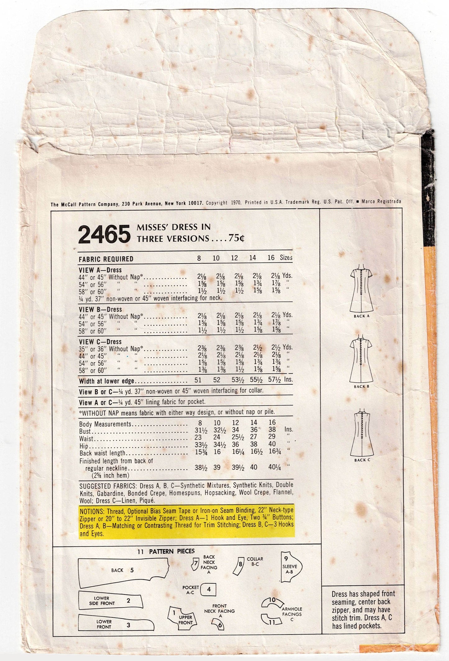 McCall's 2465 Womens Coatdress with Front Seam Interest 1970s Vintage Sewing Pattern Size 14 Bust 36 inches