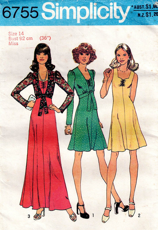 Simplicity 6755 Womens Gathered Bodice Dress & Tie Front Bolero Jacket 1970s Vintage Sewing Pattern Size 14 Bust 36 Inches
