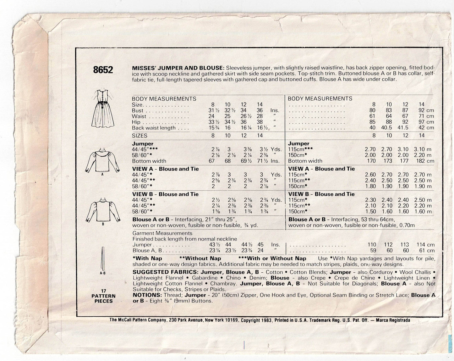 McCall's 8652 LAURA ASHLEY Womens Pinafore Dress & Puff Sleeved Blouse 1980s Vintage Sewing Pattern Size 10 Bust 32.5 Inches UNCUT Factory Folded