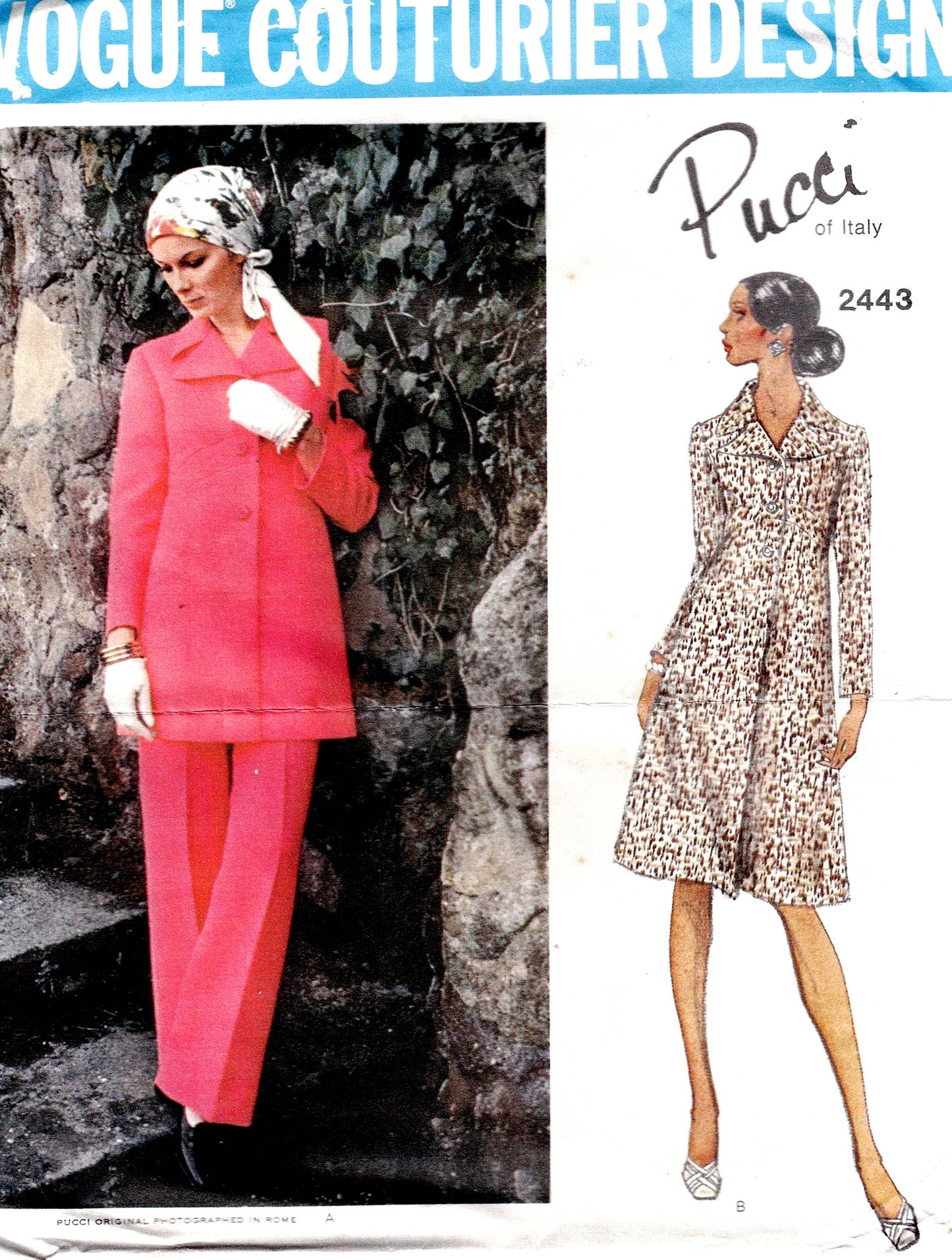 Vogue Couturier Design 2443 EMILIO PUCCI Womens Wide Lapel Coatdress Tunic & Pants 1970s Vintage Sewing Pattern Size 16 Bust 38 Inches NO ENVELOPE