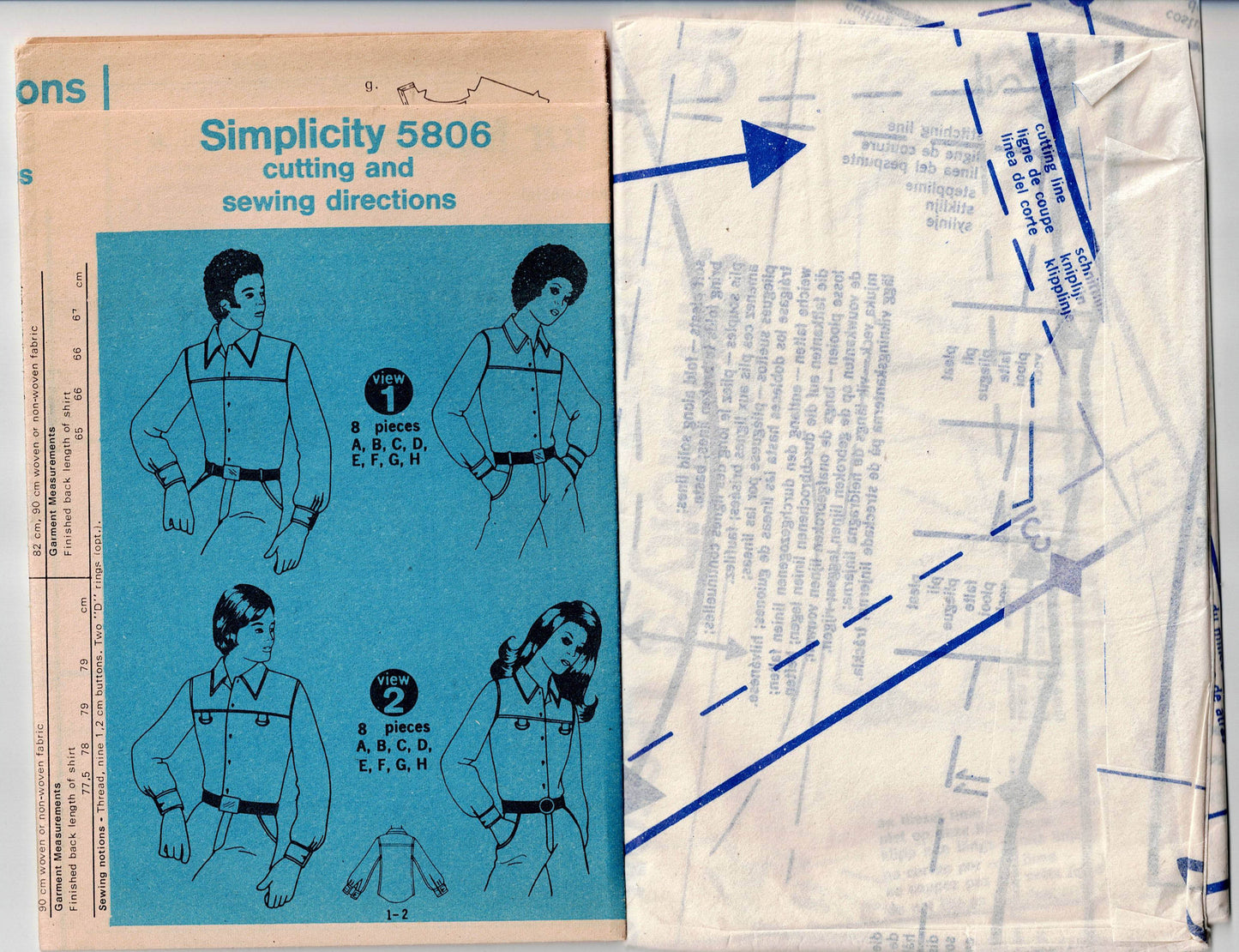Patrón de costura vintage de la década de 1970 para camisa retro occidental para hombre Simplicity 5806, pecho de 40 pulgadas, sin cortar, doblada de fábrica