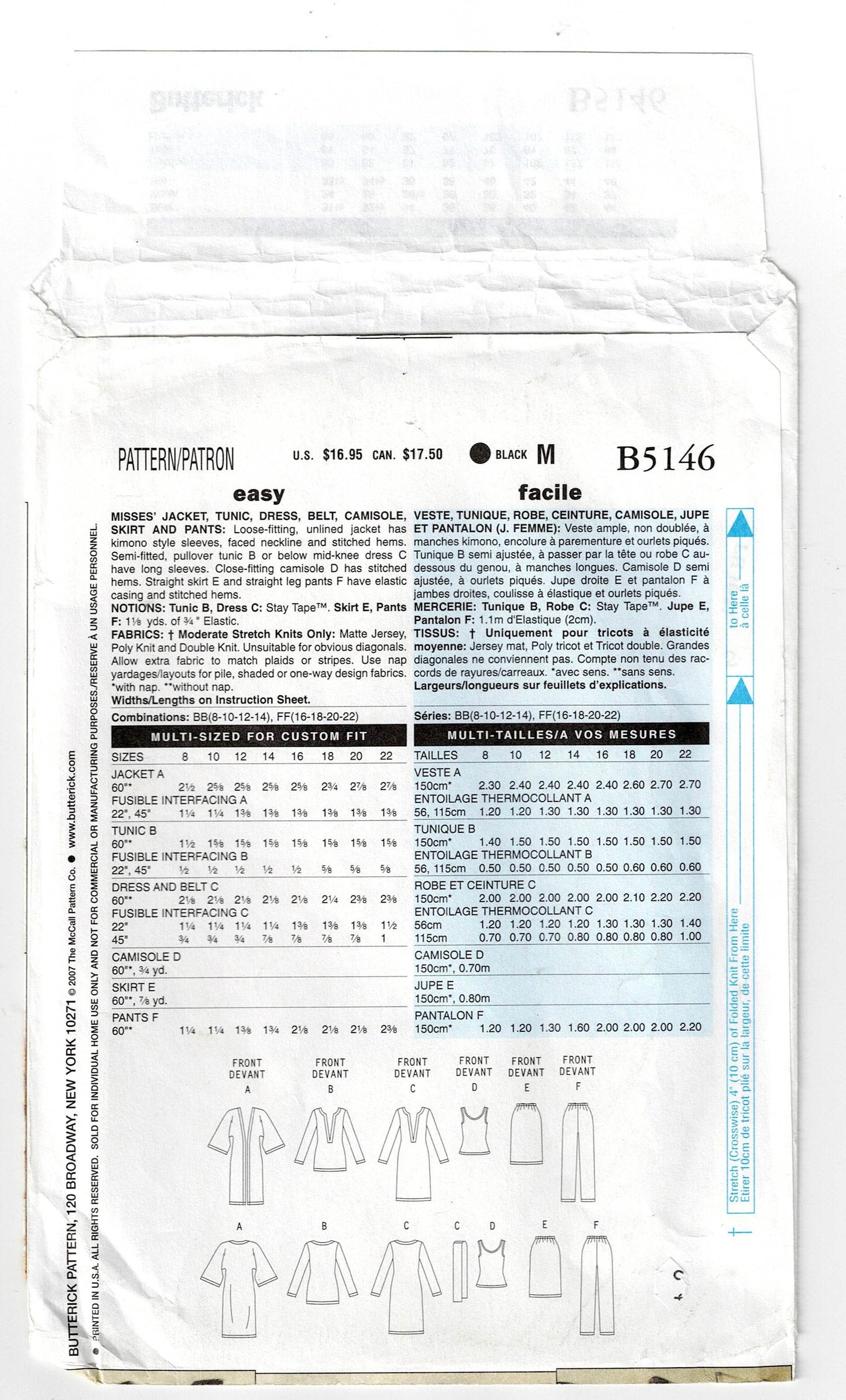 Patrón de costura agotado para guardarropa de estilo de vida elástico para mujer Butterick B5146, tallas 8 a 14, sin cortar, doblado de fábrica